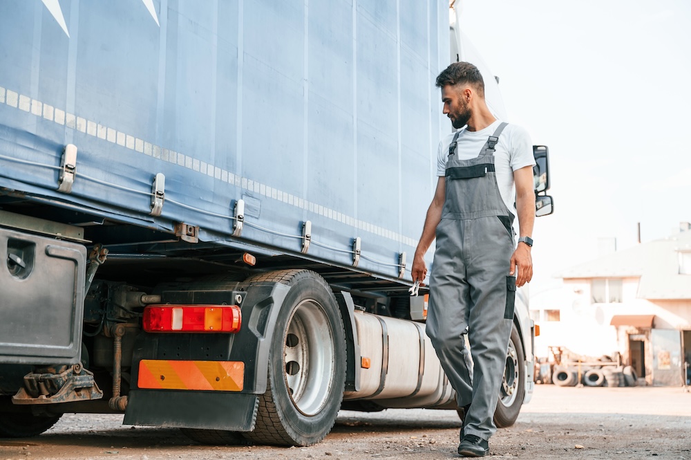 a man looking over a semi truck